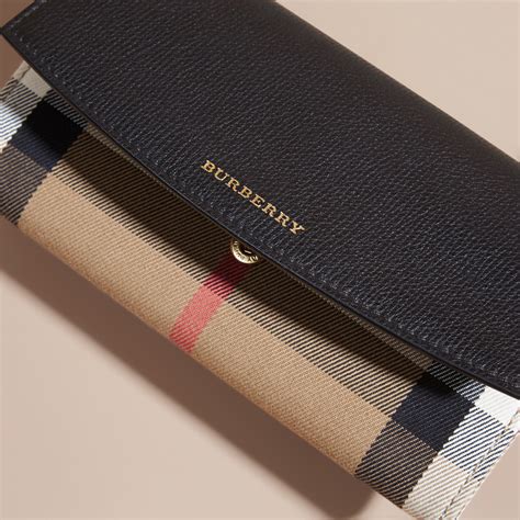 burberry women leather with house check black color continental wallet|burberry check leather wallet.